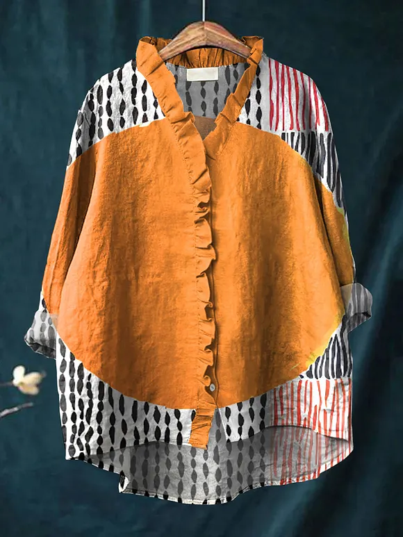 Women's Bright Abstract Circle Art Print Casual Cotton And Linen Ruffle Shirt