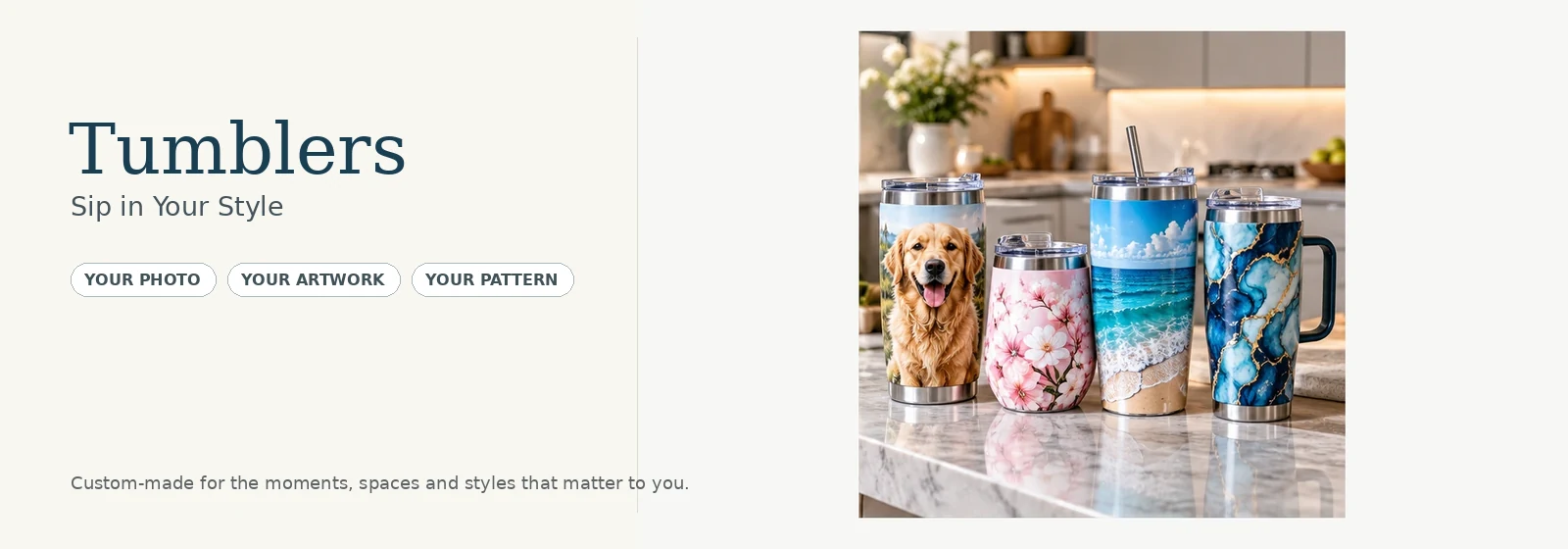 Personalized tumblers with pet floral ocean and marble printed designs