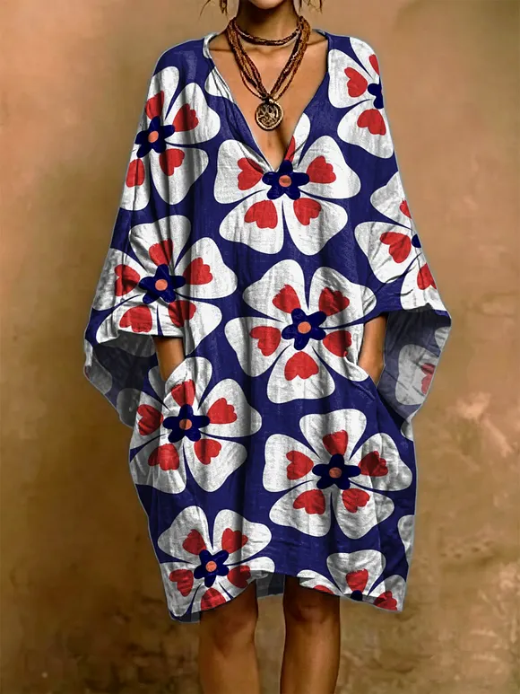Colorful Floral Decorative Pattern Woman's Short Sleeve Cotton And Linen Dress