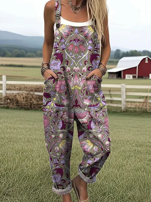 Women's  Vintage Floral Art Print Casual 100% Cotton Wide Leg Jumpsuit