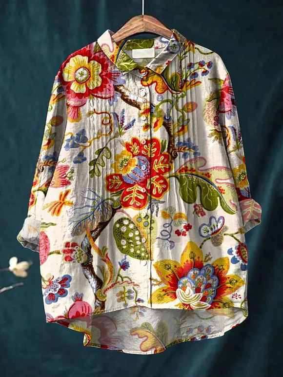 Women's Colorful Flowers Print Casual Cotton And Linen Ruffle Shirt