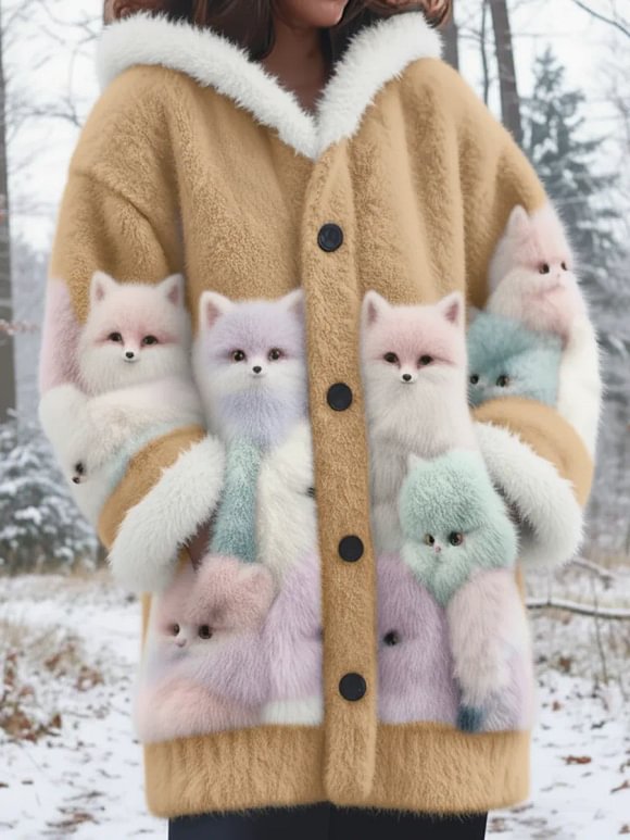 Winter Forest Cute Fox Mink Fleece Button Coat