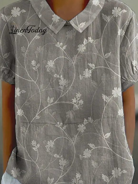 Women's Vintage Floral Art Print Casual Cotton And Linen Shirt