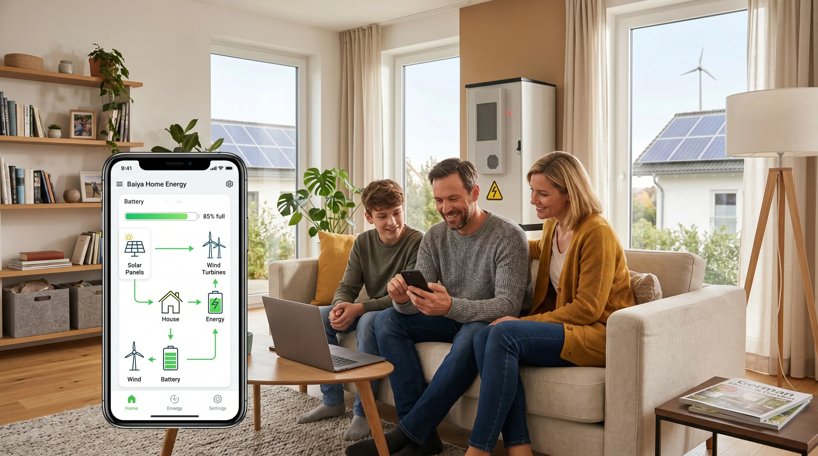 German family checking Baiya battery status on smartphone app in living room