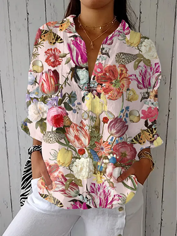 Women's  Vintage Flowers Art Print Casual Linen V-neck Shirt