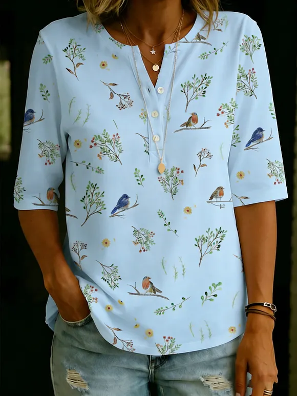Forest Whispers - Cozy Henley-collar 100% Cotton T-shirt