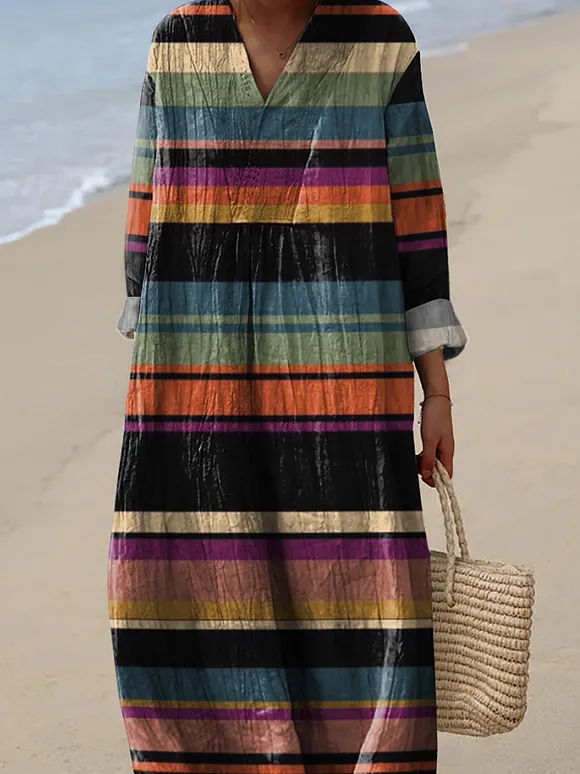 Multicolor Strip Pattern Printed Women's Dress