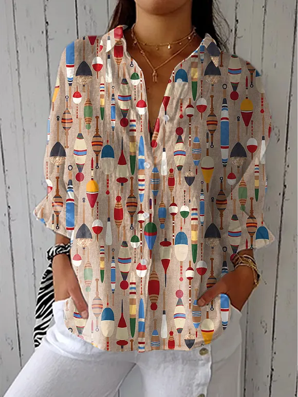 Women's Abstract Colorful Buoy Art Print Casual Linen V-neck Shirt