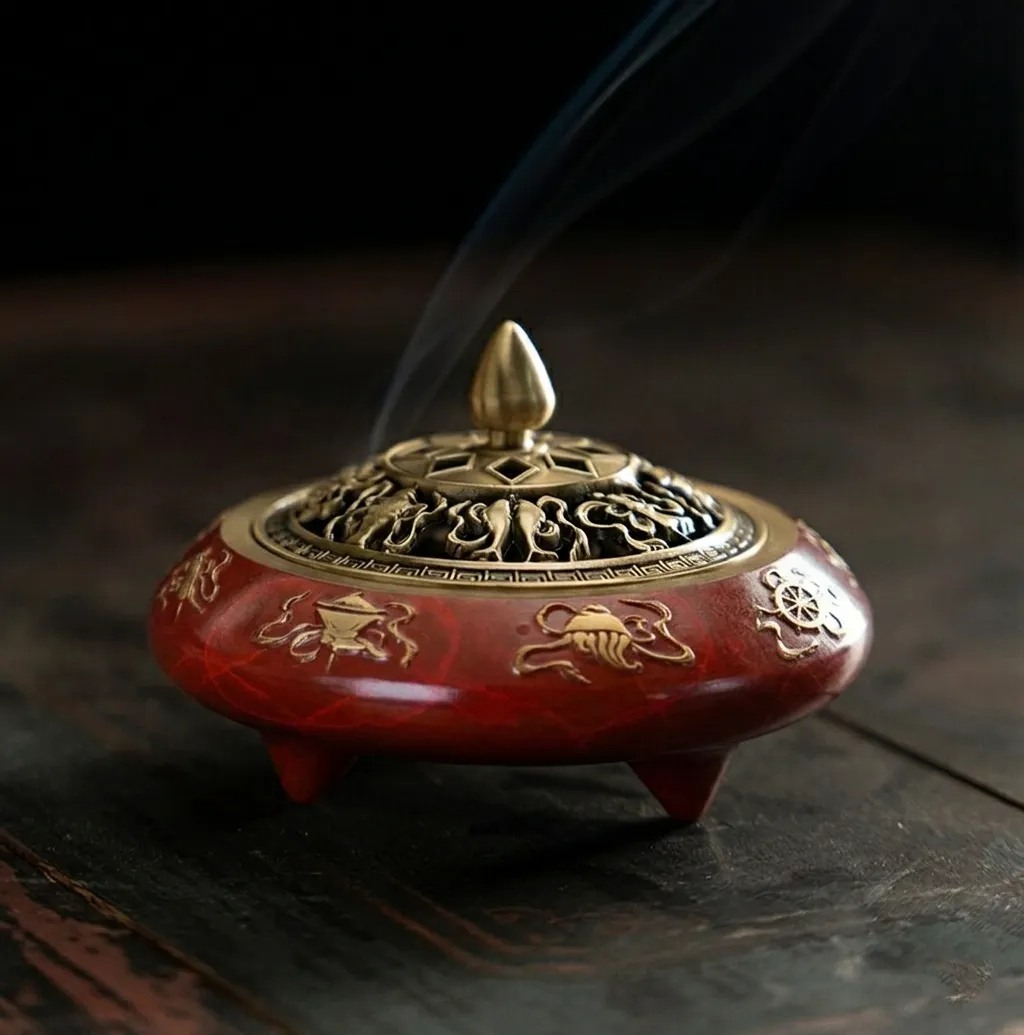 NingNatural Auspicious Symbol Tripod Censer - Brass Openwork Lid & Gold Relief