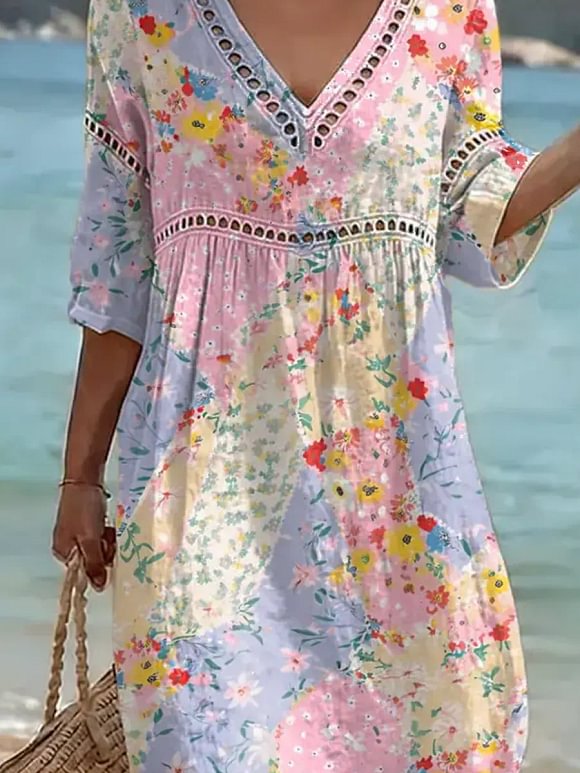 Women's Retro Floral Pattern Art Print Casual Stylish Cotton Linen Dress