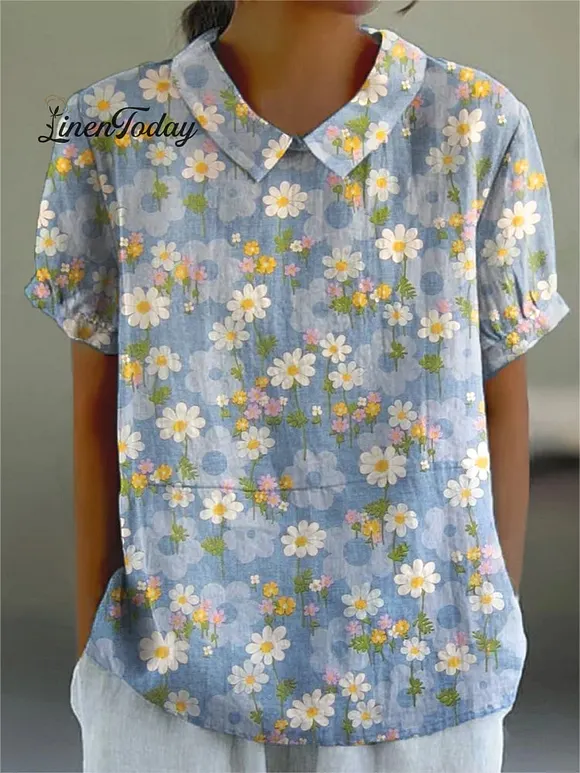 Women's  Retro  Flower Art Print Casual Cotton And Linen Shirt