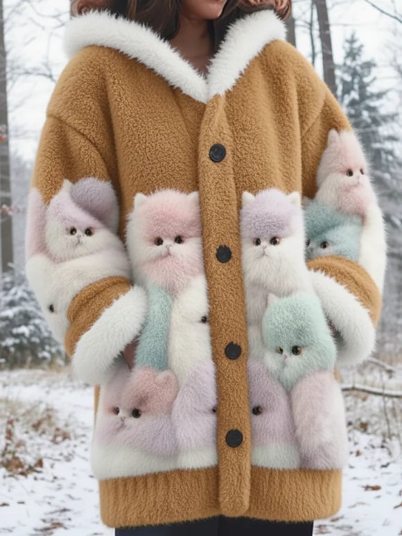 Winter Forest Cute Cat Faux Mink Fleece Button Coat