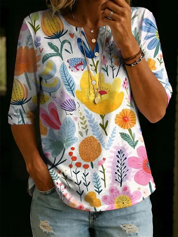 Women's Floral Pattern Art Print Casual Classic Henley Collar 100% Cotton T-shirt