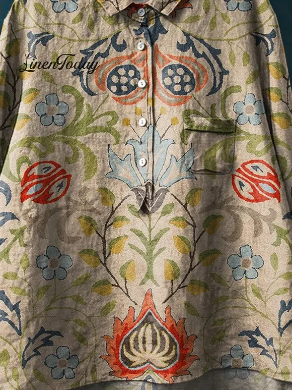 Women's Vintage Ethnic Floral Art Print Casual Cotton And Linen Shirt
