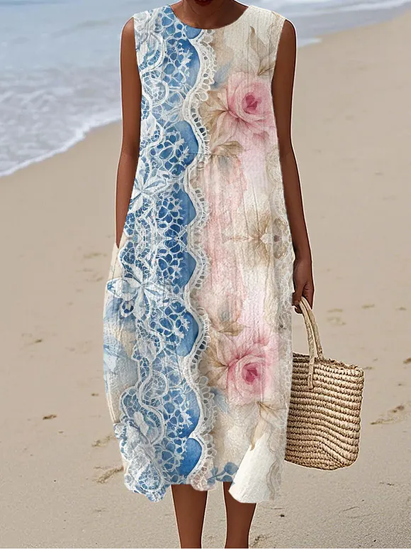 Women's  Vintage Lace Flowers Art Print Sleeveless Cotton Pocket Wrap Dress