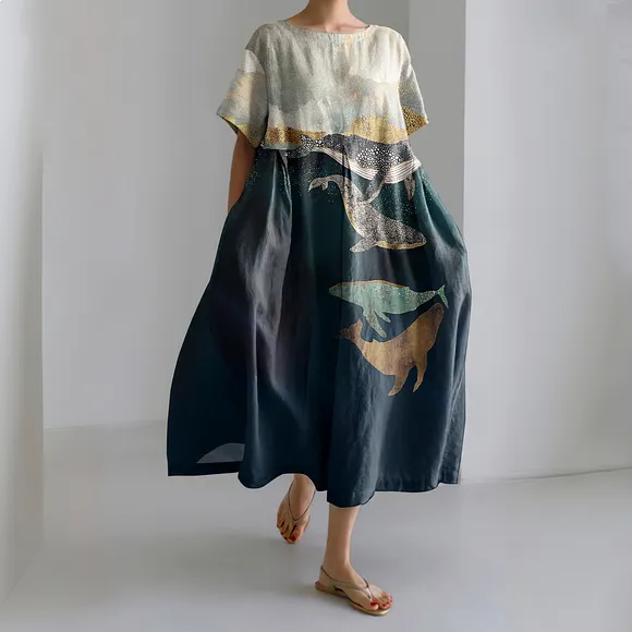 Whale Print Crew Neck Short Sleeved Midi Dress