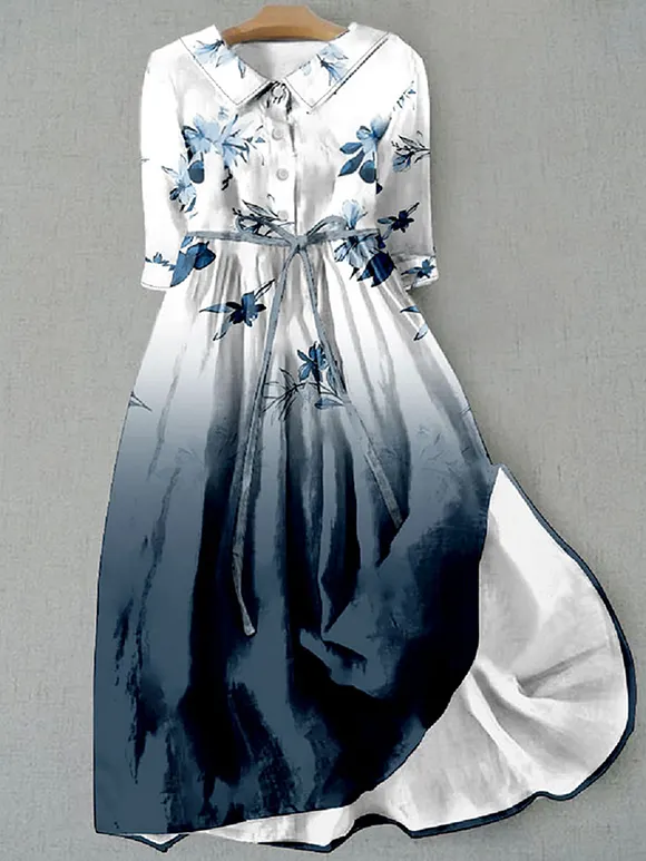 Gradient Floral Print Lapel Midi Dress