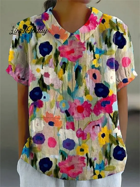 Women's Vintage Floral Art Print Casual Cotton And Linen Shirt