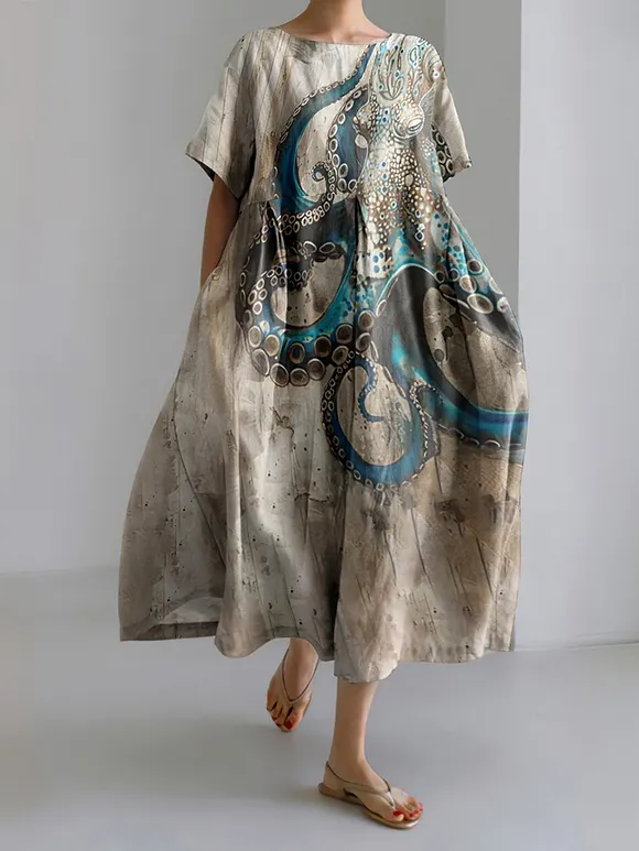 Vintage Octopus Art Print Short Sleeve Loose Midi Dress
