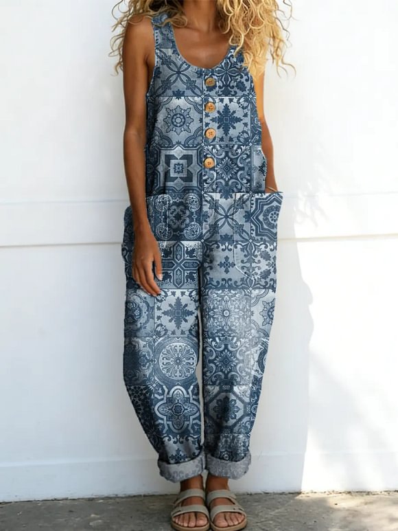 Women's Vintage Floral Pattern Art Print Casual Cotton Denim Jumpsuit