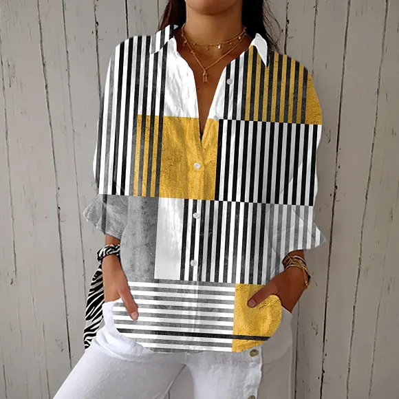 Women's  Vintage Abstract Geometric  Art  Print Casual Linen V-neck Shirt