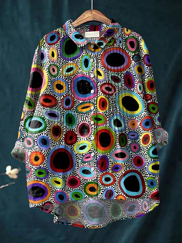 Women's Abstract Pattern Art Print Casual Cotton And Linen Ruffle Shirt
