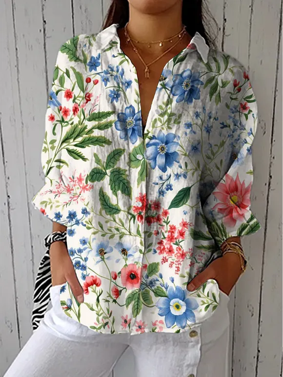 Women's Vintage Floral Art Print Casual Cotton Linen V-neck Shirt