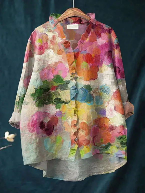 Women's  Vintage Flowers Art  Print Casual Cotton And Linen Ruffle Shirt