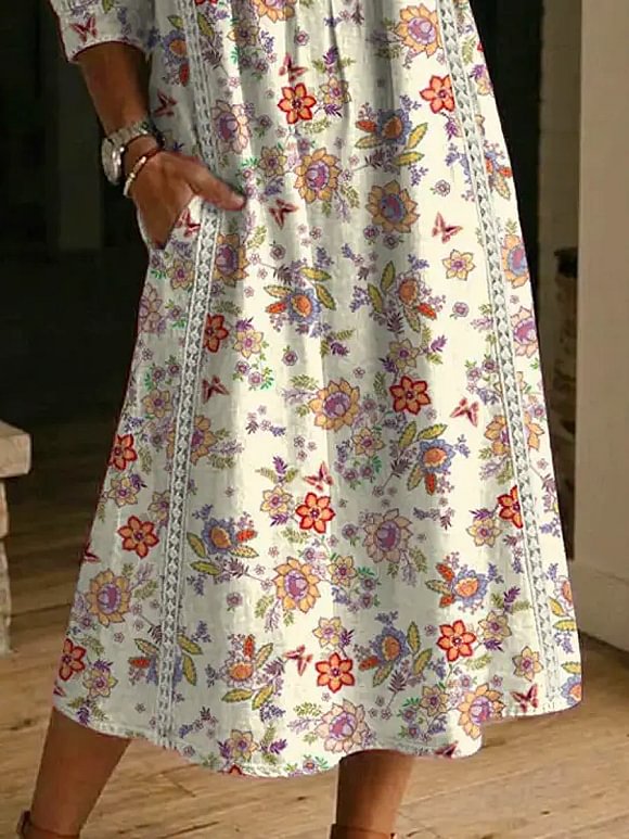 Women's Retro Floral Art Print Casual Stylish Cotton Linen Dress