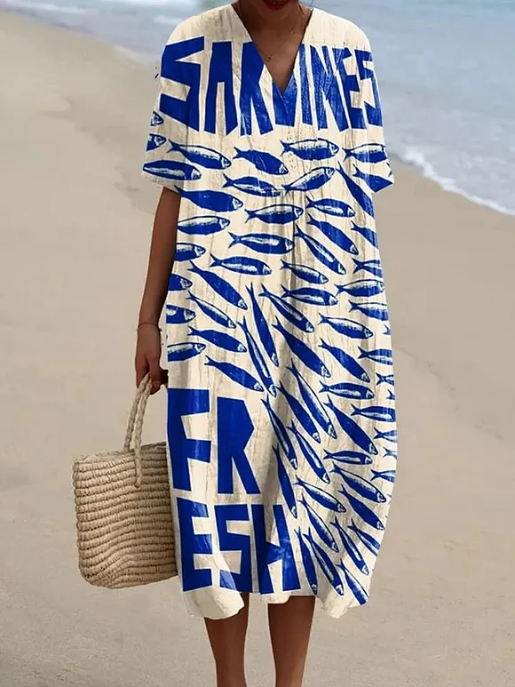 Women's Vintage Fish Sardines Art Print Flowy Dress