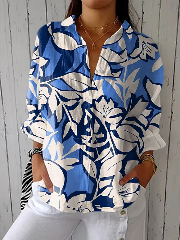 Women's Vintage Floral Art Print Casual Linen V-neck Shirt