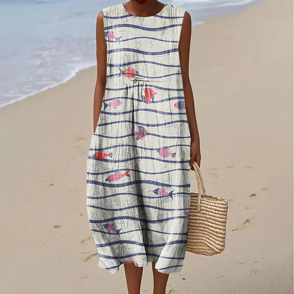 Women's Abstract Ripple Fish Art Print Sleeveless Cotton Pocket Wrap Dress