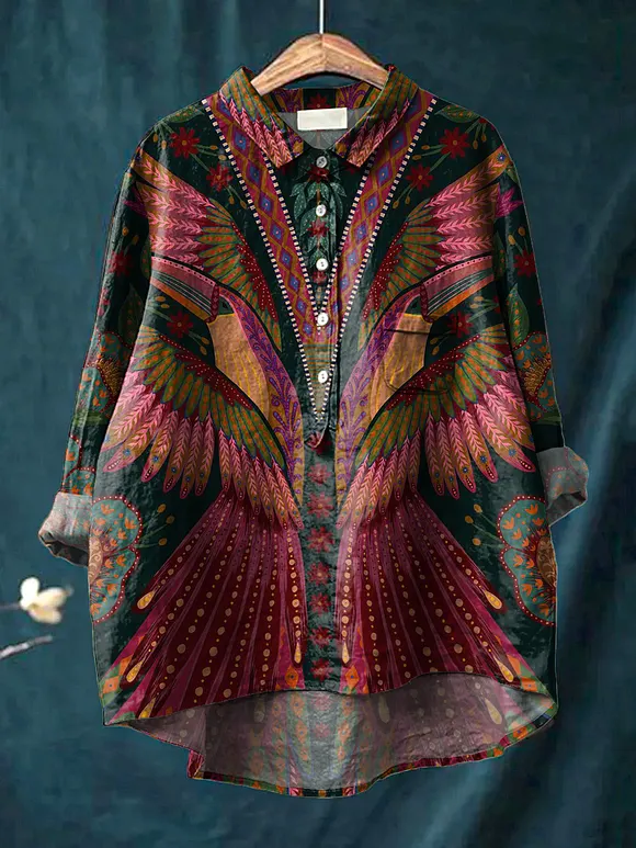 Summer Tropical Bird Symmetrical Pattern Printed Women's Casual Cotton And Linen Shirt