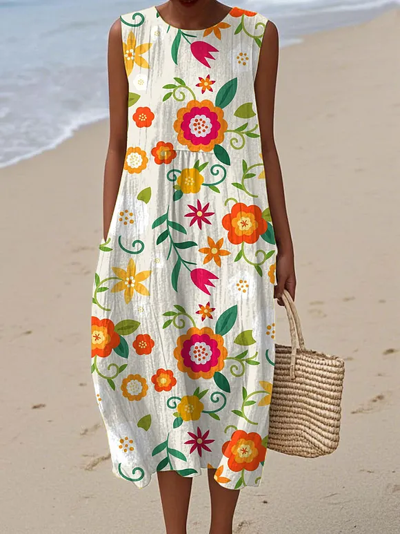 Women's  Vintage Floral Art Print Sleeveless Cotton Pocket Wrap Dress