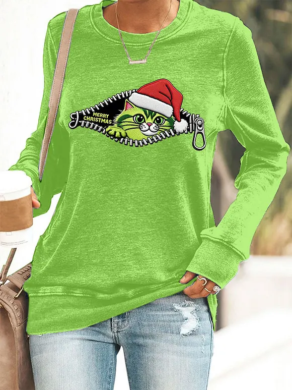 Women's Funny Cute Merry Christmas Grinch Cat Print Casual Sweatshirt