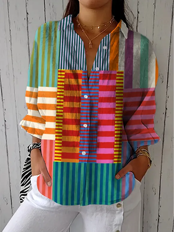Women's Abstract Geometric Pattern Art Print Casual Cotton Linen V-neck Shirt