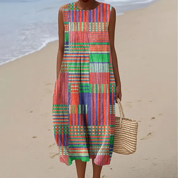 Women's Vintage Line Art Print Sleeveless Cotton Pocket Wrap Dress