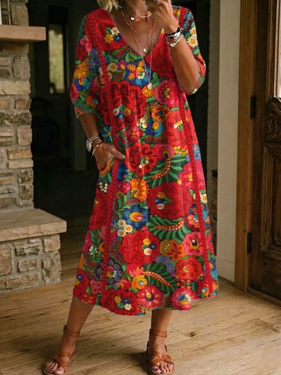 Women's Retro Floral Art Print Casual Stylish Cotton Linen Dress