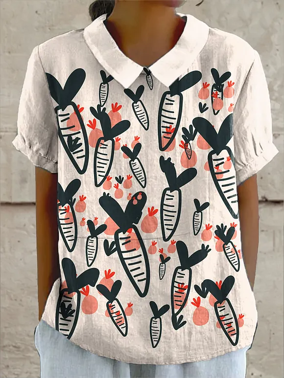 Women's Abstract Carrot Art Print Casual Cotton And Linen Shirt