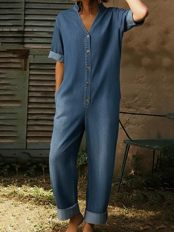 Women's Casual Denim Wide-leg Jumpsuit