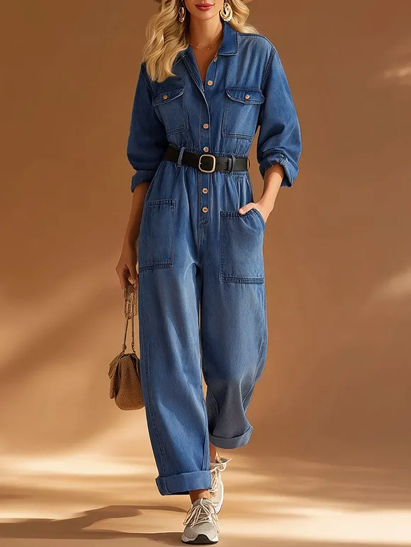 Women's Shirt Collar Long-sleeved Loose-fitting Denim Jumpsuit