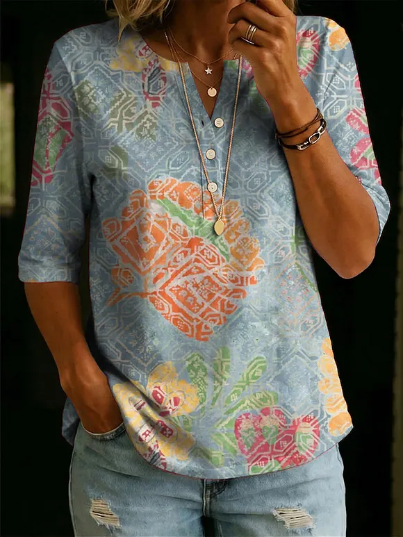 Women’s Floral Pattern Art Casual Classic Henley Collar 100% Cotton T-shirt