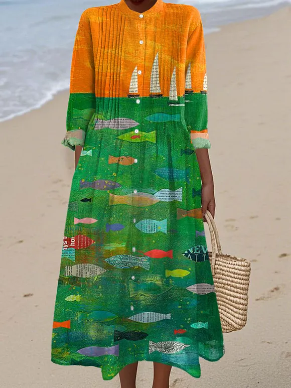 Women's Vintage Fish  Art Print Casual Dress