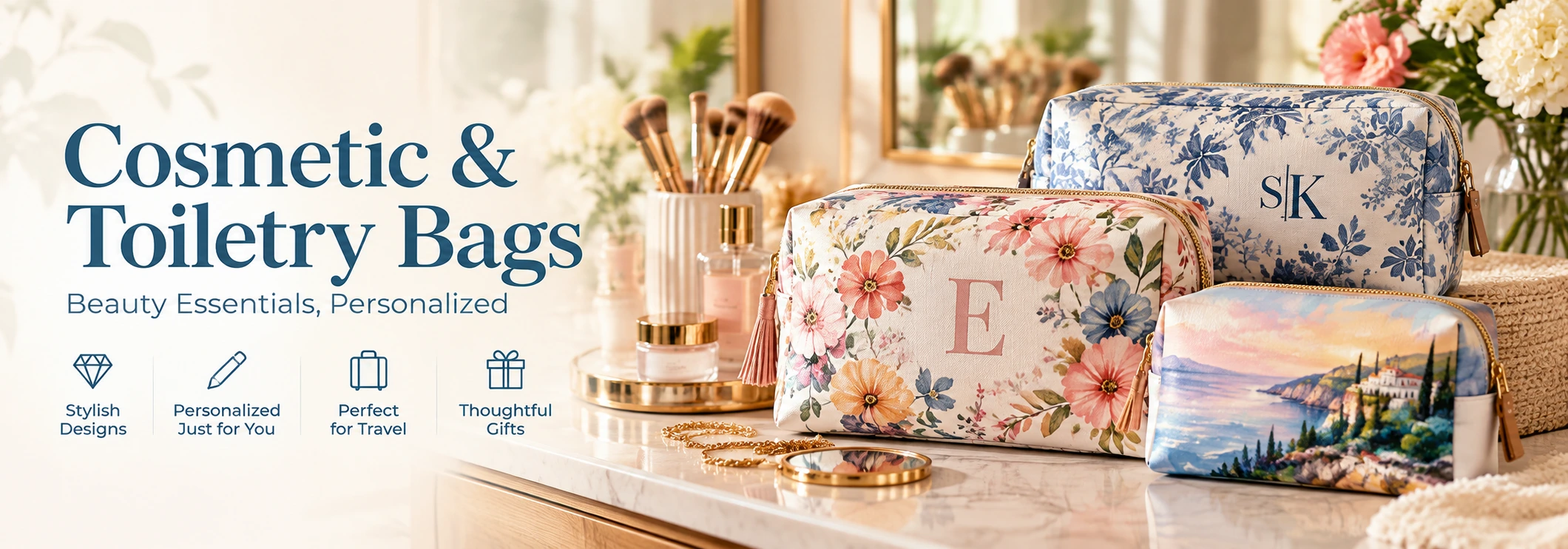 Personalized cosmetic and toiletry bags banner with monogrammed travel pouches and beauty essentials