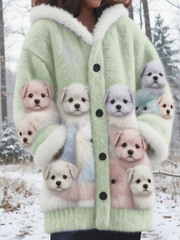 Winter Forest Cute Puppy Mink Fleece Button Coat