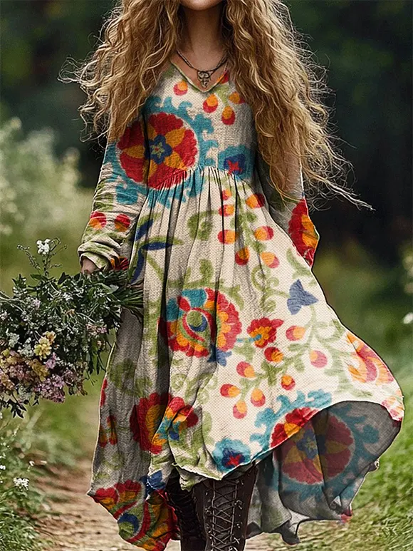 Women's Retro Floral Print Cotton Pocket Dress