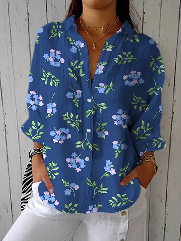 Women's Lovely Floral Art Print Casual Cotton Linen V-neck Shirt