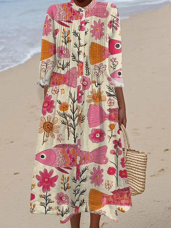 Women's Vintage Fish  Art Print Casual Dress