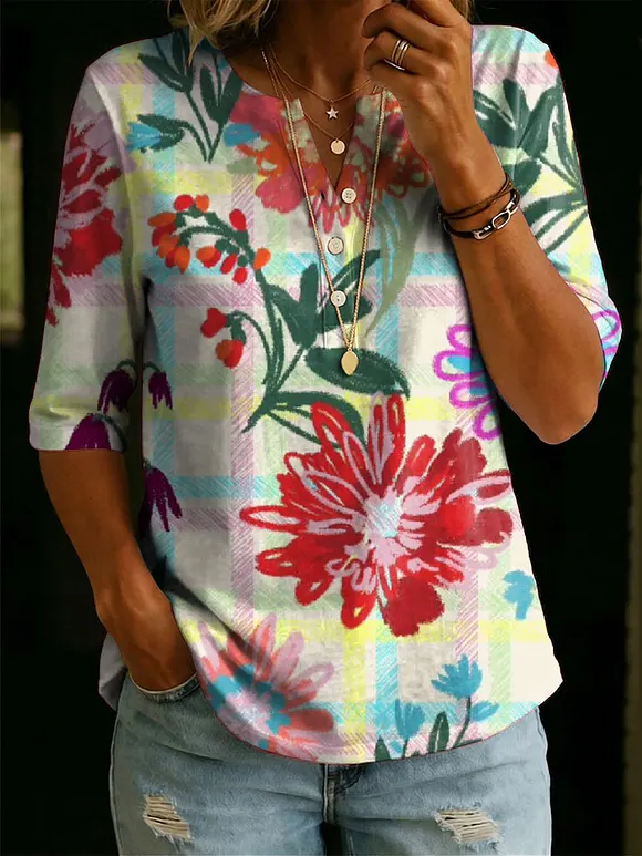 Women’s Floral Pattern Art Casual Classic Henley Collar 100% Cotton T-shirt