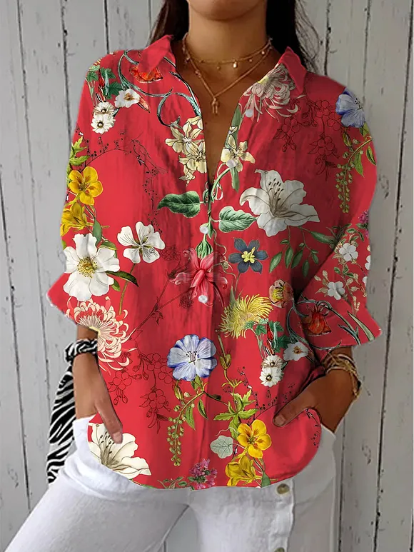 Women's Vintage Floral Art Print Casual Cotton Linen V-neck Shirt